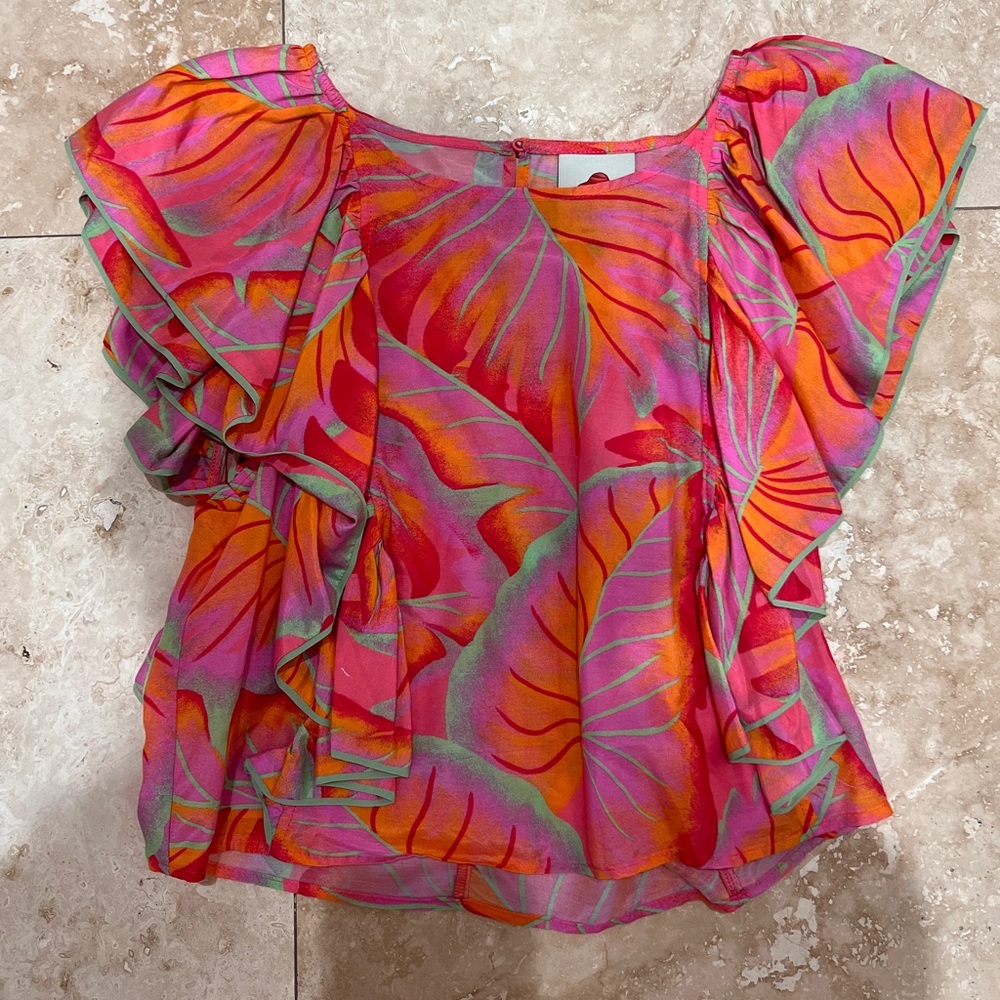 Farm Rio Tropical Leaf Print Ruffle Top - Picture 3 of 4